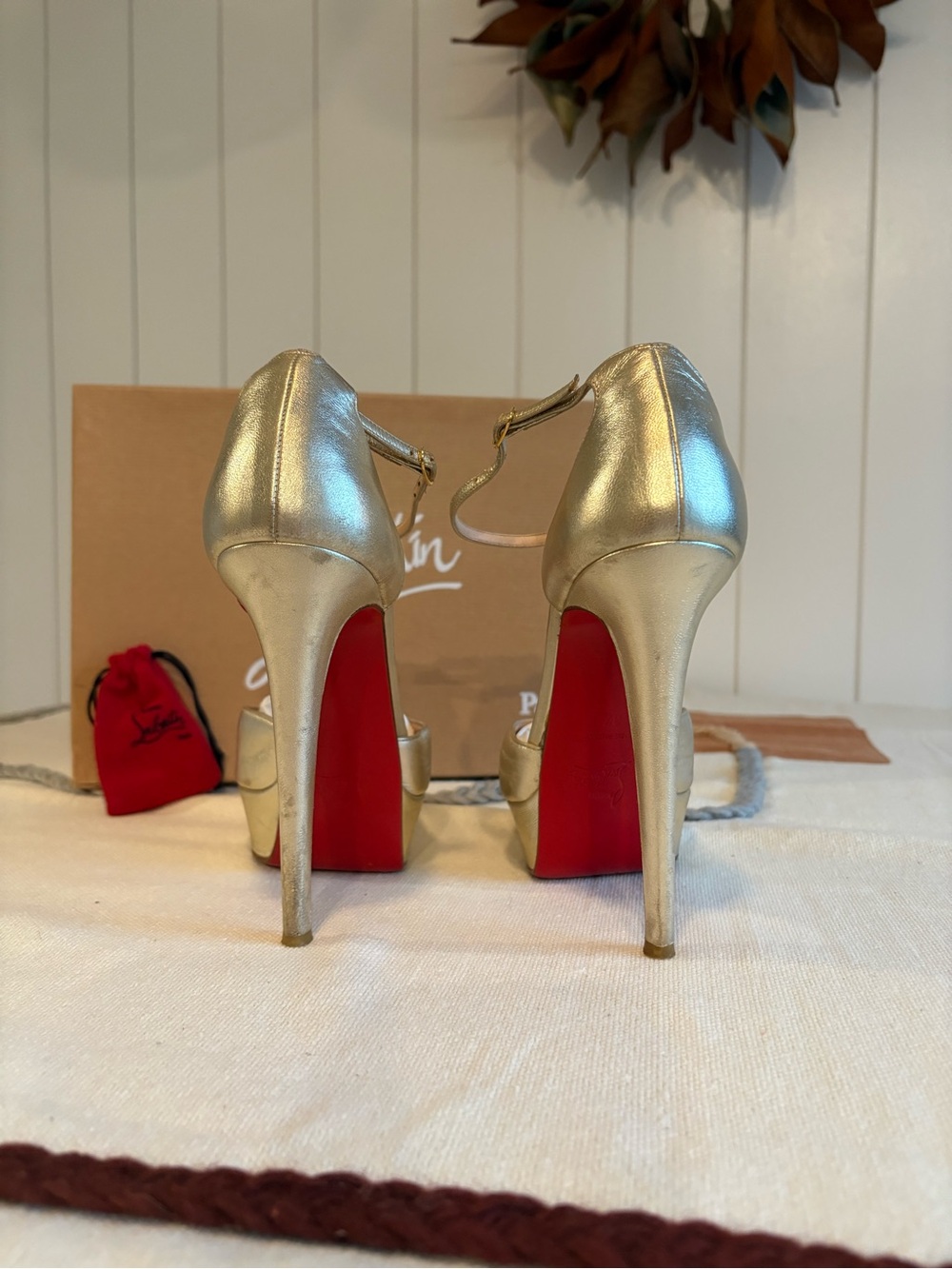 Christian Louboutin Gold Metallic T-Strap Platform Pumps - Picture 3 of 7